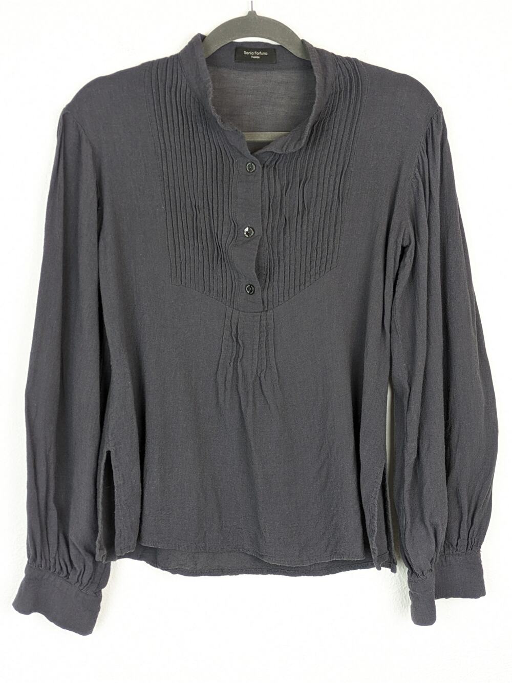 Sonia Fortuna Firenze Top Pleated Blouse Designer Charcoal Gray Italian Size S